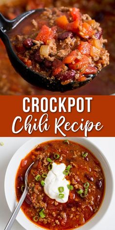 the crockpot chili recipe is ready to be eaten and put on the table