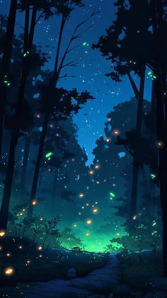 a forest filled with lots of fireflies flying through the night sky