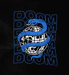 an image of a blue snake with the words boom down on it