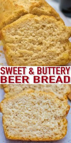 sweet and buttery beer bread is cut in half