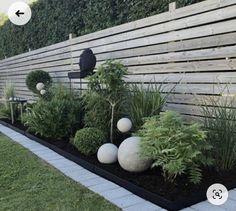 an outdoor garden with plants and rocks in the center, along side a wooden fence