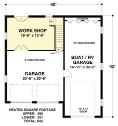 the floor plan for a small garage with loft and living space on one level,