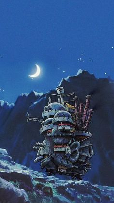 a large ship floating on top of a mountain under a moon filled sky