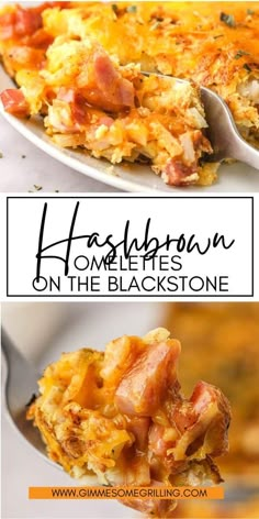 hashbrown casserole on the black stone with text overlay that reads hashbrown on the black stone