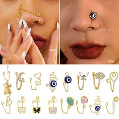 an assortment of nose rings and piercings with various designs on them, including eyes