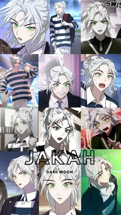 various anime characters with white hair and green eyes, all in black and white striped shirts