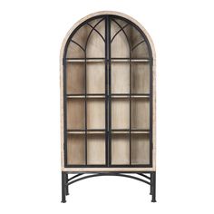 an arched bookcase with glass doors on the top and bottom shelf, in black