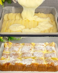 the cake is covered in powdered sugar and ready to be served as desserts