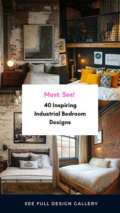 an industrial bedroom with exposed brick walls and lots of bedding in the loft space