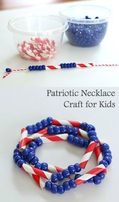 patriotic necklace craft for kids to make with beads and candy canes on the table