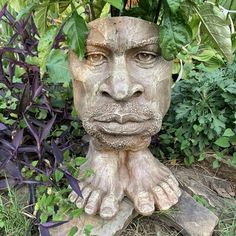 a planter that is sitting in the grass with plants growing out of it's face