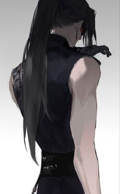 an anime character with long black hair and tattoos