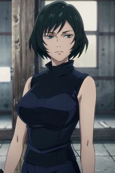 an anime character with short black hair and blue eyes wearing a black dress, standing in front of a building