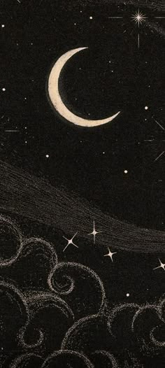 the night sky with stars and a crescent drawn on it's black paper by hand