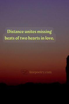 two people standing on top of a hill with the words distance united missing beats of two hearts in love