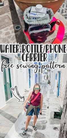 a woman is standing on the steps in front of some water bottles and phone cases