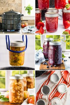 four different jars filled with food on top of a table