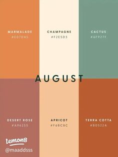 the words august are written in different colors and font, including orange, green, blue,