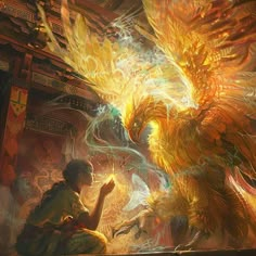 a woman sitting in front of a large dragon next to a fire breathing bird on top of a table