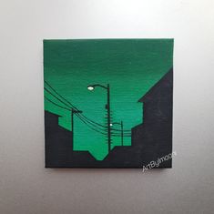 an acrylic painting of a street light and telephone lines in the distance with green sky