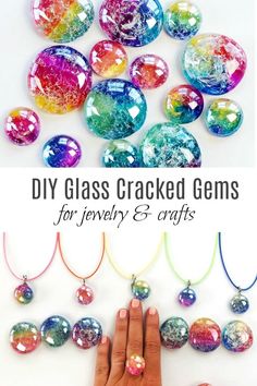 a hand holding a glass bead necklace with the words diy glass cracked gems for jewelry and crafts