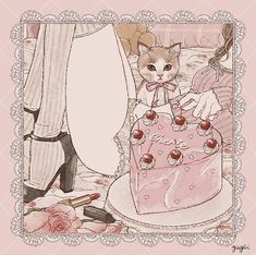 a drawing of a cat sitting next to a pink cake with cherries on it