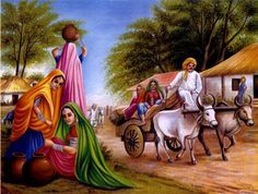 an oil painting of people riding on donkeys and pulling a cart with two women