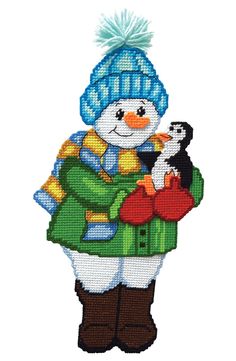 a snowman holding a dog in his arms