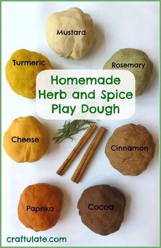 homemade herb and spice play doughs with cinnamon, rosemary, turment, rosemary seed, rosemary stick, cranberry