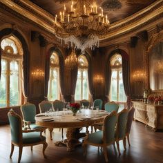 a fancy dining room with chandelier and table surrounded by blue upholstered chairs