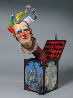 a clown head sitting on top of a box