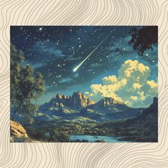 an image of a night scene with mountains and stars in the sky above it, as well as a shooting star