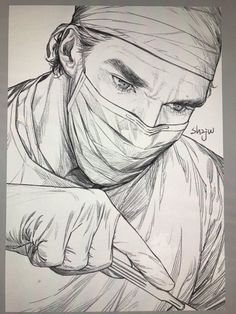 a drawing of a man wearing a surgical mask