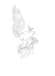 a black and white drawing of a bird with wings on it's back sitting on a branch