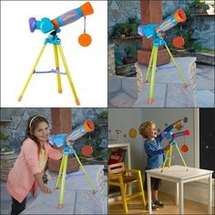 two pictures of a child playing with a toy telescope