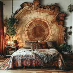 a bed with a large wooden headboard in a room filled with wood flooring