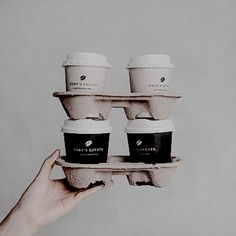 a hand holding a tray with coffee cups on it