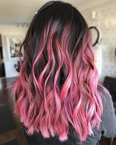 Colored Hair With Black Roots, Pink Balayage With Bangs, Pink Hair Highlights On Black Hair, Dark Brown Hair With Light Pink Highlights, Light Pink Highlights In Black Hair, Pink Lowlights In Brown Hair, Pink Hair Highlights, Underlights Hair, Pink Ombre Hair