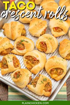 some taco crescent rolls are on a baking sheet with the title text above it