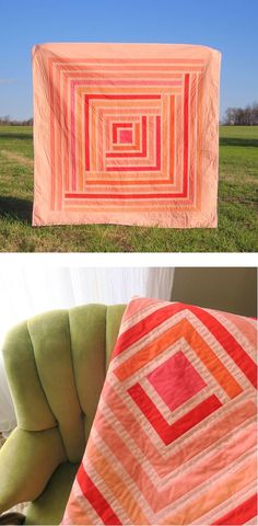 an orange and red quilt on a green chair in the middle of two pictures, one is