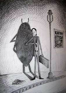 a drawing of a man walking down the street with a giant fish on his back