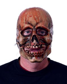 Experience the ultimate scare with Zagone Studios' Bloody Skull mask. Featuring a moving mouth, this realistic mask brings your terrifying visions to life. Perfect for Halloween and haunted events, this mask is sure to leave a lasting impression on anyone who crosses its path. The mask is sculpted by Aaron Lewis. Halloween Phantom Mask, Full Face Horror Masks And Prosthetics For Costume Party, Halloween Masquerade Skull Mask And Prosthetics, Horror Skull Masks And Prosthetics For Halloween, Realistic Mask, Aaron Lewis, Skeleton Mask, Trick Or Treat Studios, Uv Black Light