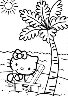 a hello kitty sitting on a beach chair under a palm tree