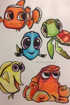 an image of cartoon fish and sea animals on white paper with colored pencils in the background