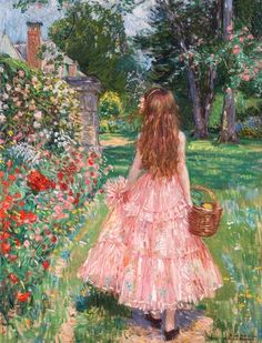 a painting of a girl in a pink dress holding a basket and walking through a garden