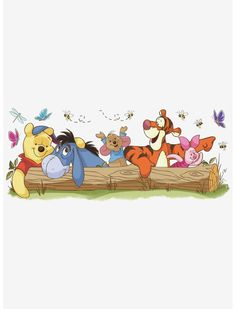 winnie the pooh and friends sitting on a log with butterflies flying around them in the background