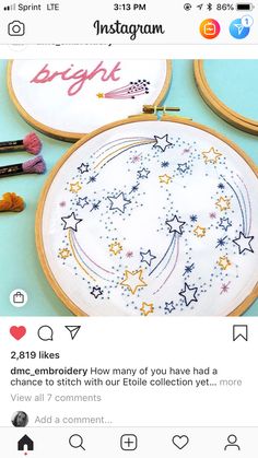 an instagram page with embroidered stars and the words bright on it, along with other items