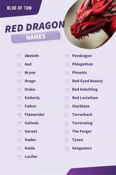 the red dragon name list is shown in purple and white colors, with an image of a