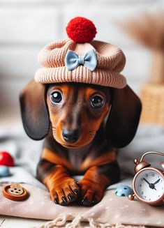 a small dog wearing a knitted hat