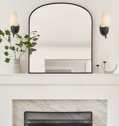 a fireplace with a mirror above it next to a potted plant